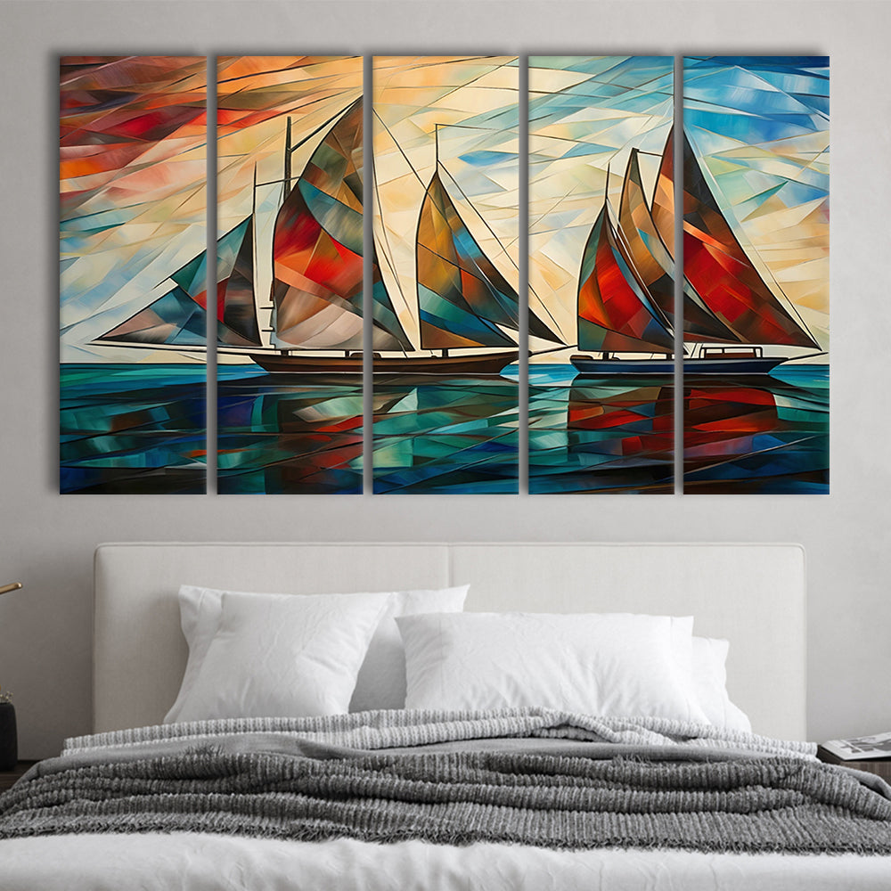 Art Deco, Sailboats At Sunset Painting, Maritime Wall Decor, 5 Panel B Canvas Print Wall Art, Extra Large Canvas