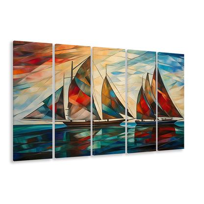 Art Deco, Sailboats At Sunset Painting, Maritime Wall Decor, 5 Panel B Canvas Print Wall Art, Extra Large Canvas