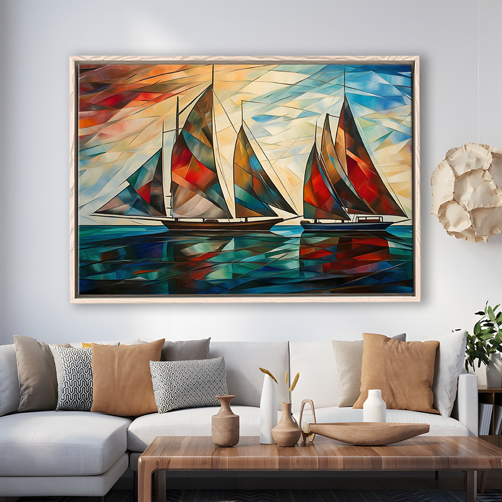 Art Deco, Sailboats At Sunset Painting, Maritime Wall Decor, Coastal Artwork, Framed Canvas Print Wall Art, Floating Frame