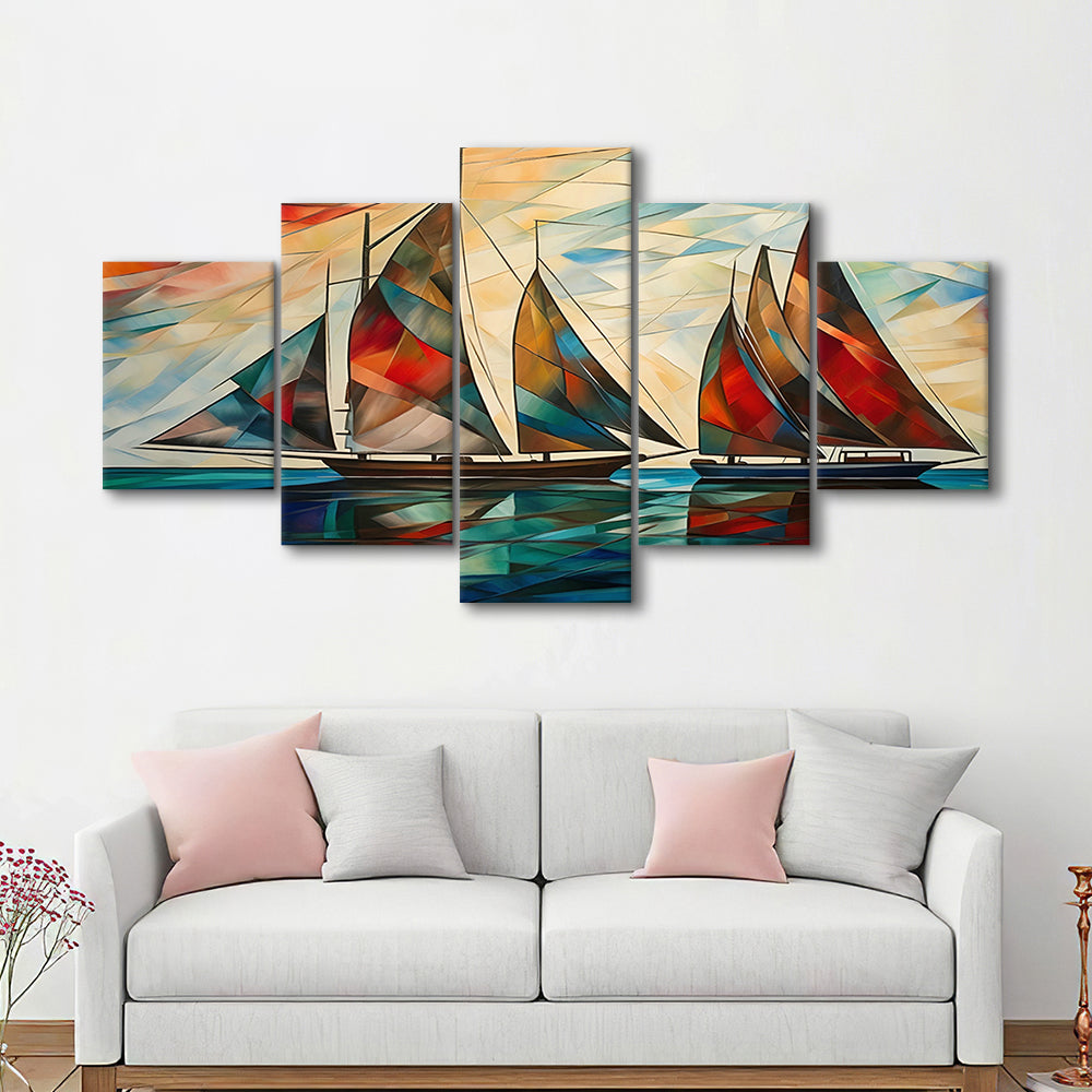 Sailboats At Sunset Painting, Maritime Wall Decor, Coastal Artwork, 5 Panel Mixed Canvas Print Wall Art, Large Canvas