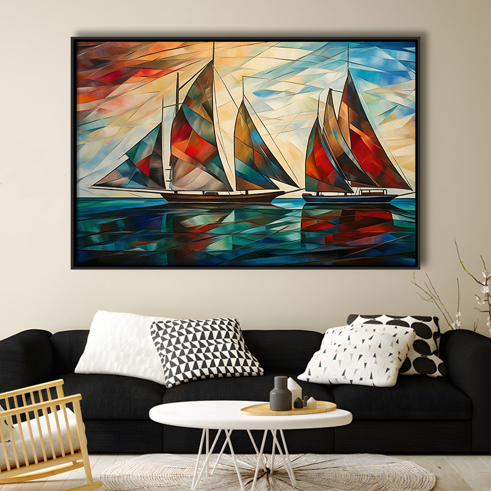 Art Deco, Sailboats At Sunset Painting, Maritime Wall Decor, Coastal Artwork, Framed Canvas Print Wall Art, Floating Frame