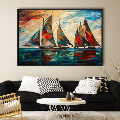 Art Deco, Sailboats At Sunset Painting, Maritime Wall Decor, Coastal Artwork, Framed Canvas Print Wall Art, Floating Frame
