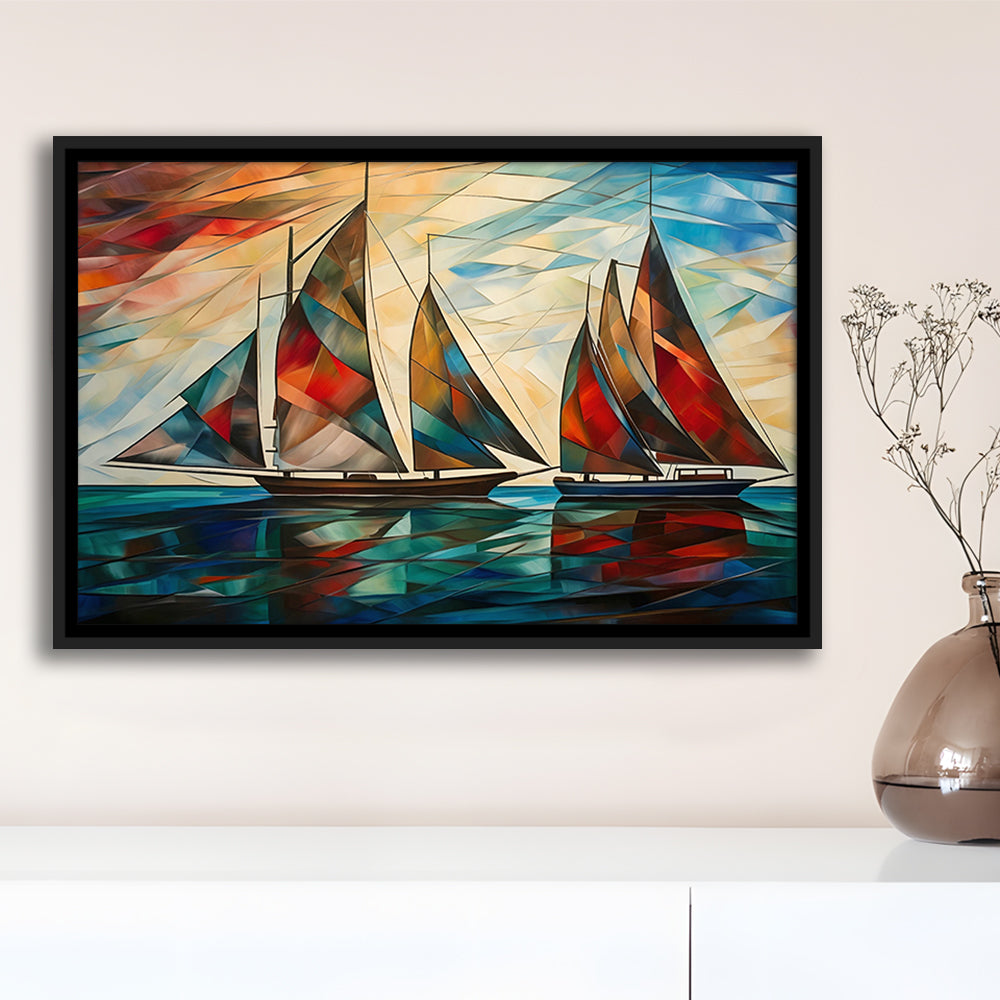 Art Deco, Sailboats At Sunset Painting, Maritime Wall Decor, Coastal Artwork, Framed Canvas Print Wall Art, Floating Frame