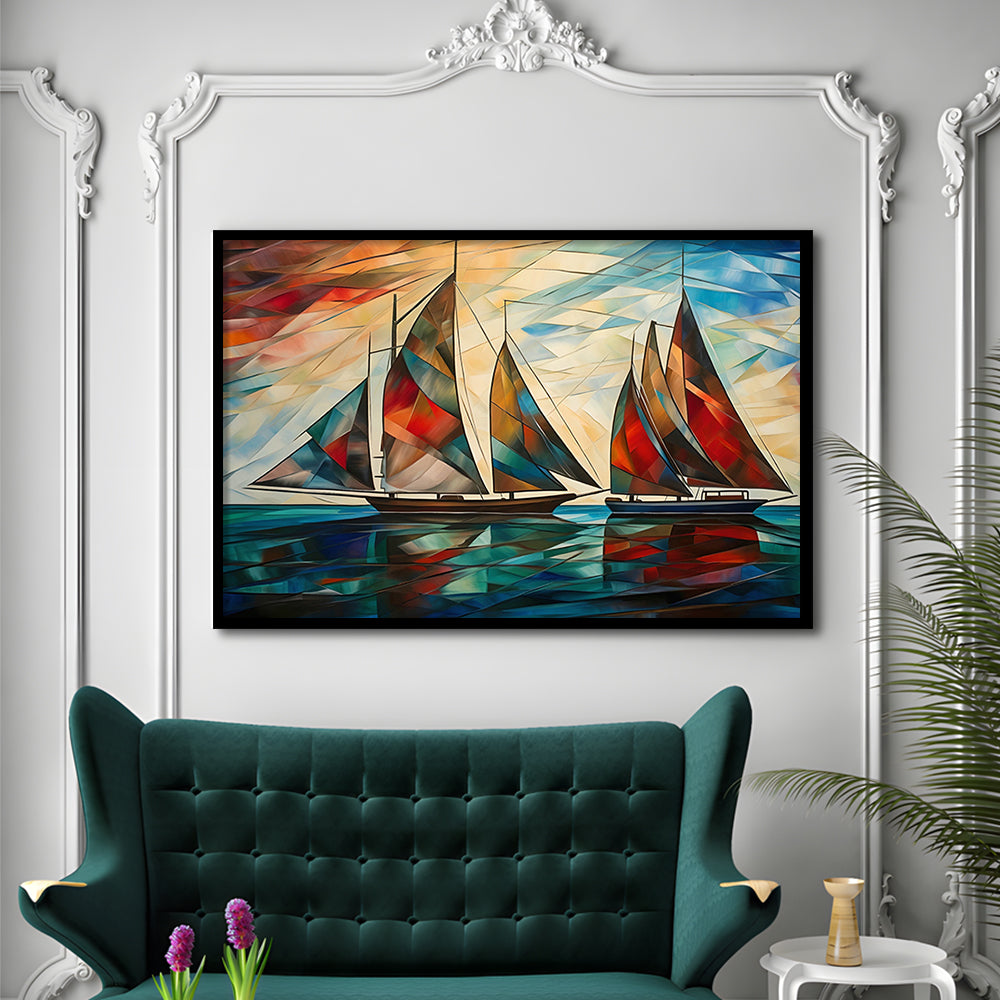 Art Deco, Sailboats At Sunset Painting, Maritime Wall Decor, Coastal Artwork, Framed Art Print Wall Decor, Picture Framed