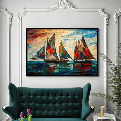 Art Deco, Sailboats At Sunset Painting, Maritime Wall Decor, Coastal Artwork, Framed Art Print Wall Decor, Picture Framed