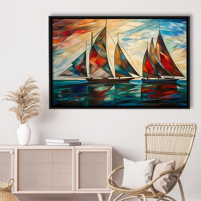 Art Deco, Sailboats At Sunset Painting, Maritime Wall Decor, Coastal Artwork, Framed Canvas Print Wall Art, Floating Frame