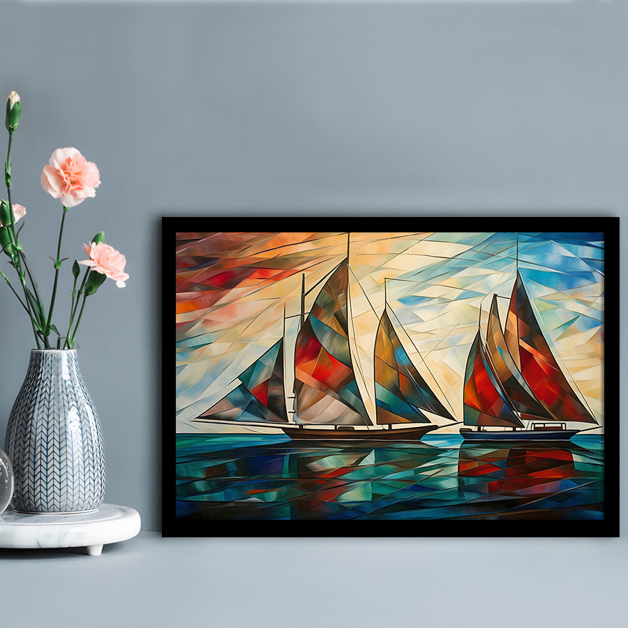 Art Deco, Sailboats At Sunset Painting, Maritime Wall Decor, Coastal Artwork, Framed Art Print Wall Decor, Picture Framed