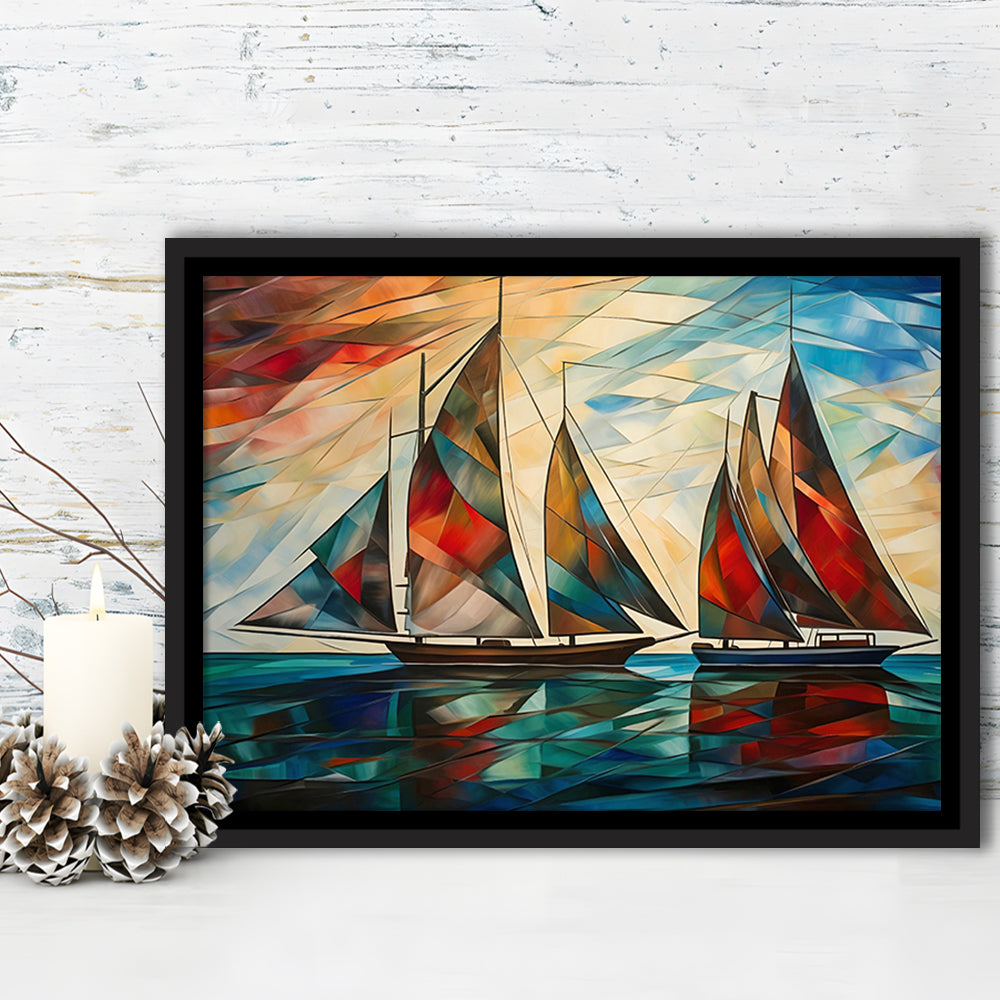 Art Deco, Sailboats At Sunset Painting, Maritime Wall Decor, Coastal Artwork, Framed Canvas Print Wall Art, Floating Frame