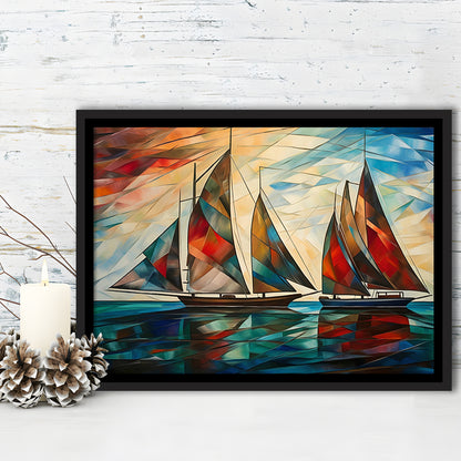 Art Deco, Sailboats At Sunset Painting, Maritime Wall Decor, Coastal Artwork, Framed Canvas Print Wall Art, Floating Frame