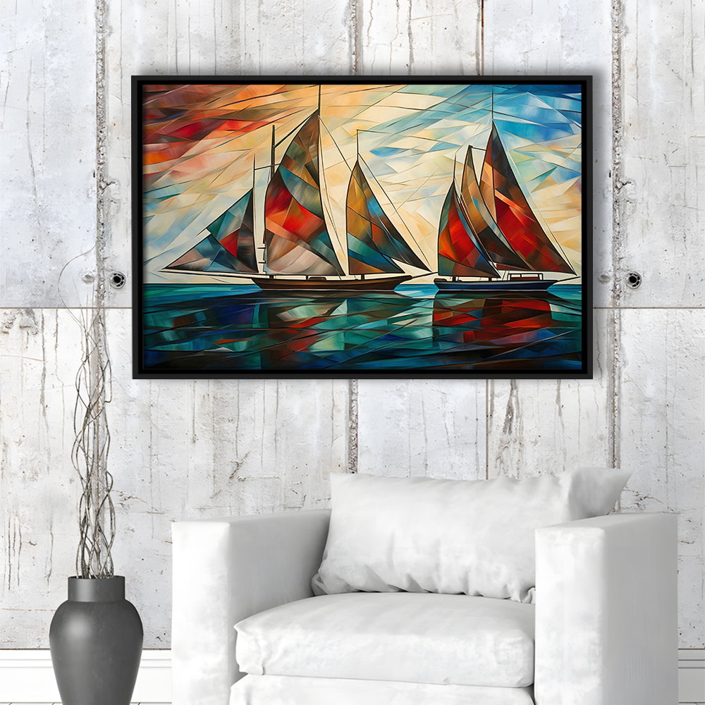 Art Deco, Sailboats At Sunset Painting, Maritime Wall Decor, Coastal Artwork, Framed Canvas Print Wall Art, Floating Frame