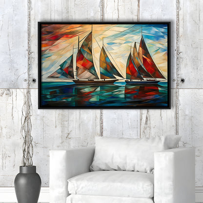Art Deco, Sailboats At Sunset Painting, Maritime Wall Decor, Coastal Artwork, Framed Canvas Print Wall Art, Floating Frame