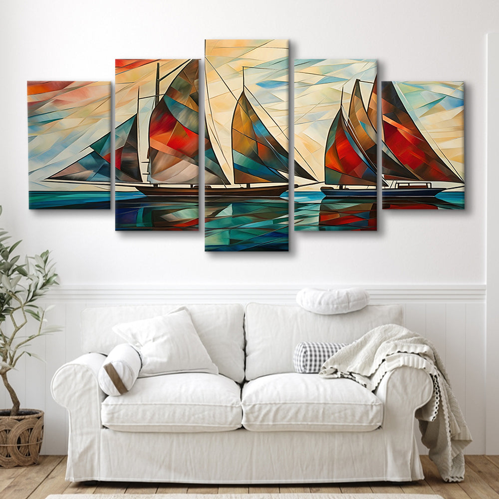 Sailboats At Sunset Painting, Maritime Wall Decor, Coastal Artwork, 5 Panel Mixed Canvas Print Wall Art, Large Canvas