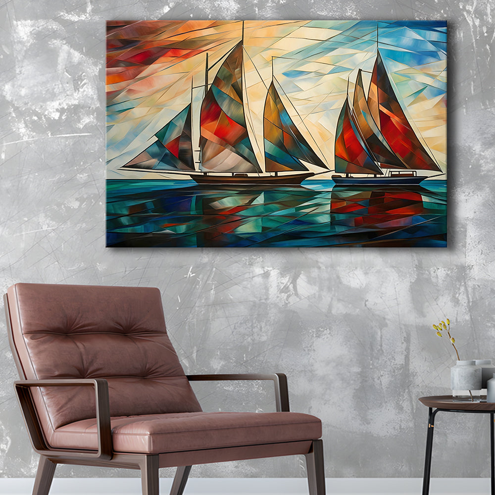 Art Deco, Sailboats At Sunset Painting, Maritime Wall Decor, Coastal Artwork, Canvas Print Wall Art, Wall Decor, Painting Canvas