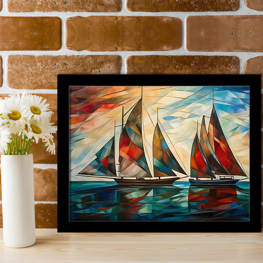Art Deco, Sailboats At Sunset Painting, Maritime Wall Decor, Coastal Artwork, Framed Art Print Wall Decor, Picture Framed