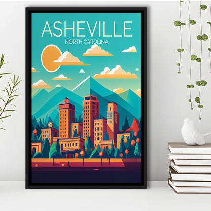 Asheville North Carolina Retro Art Print, Asheville City Wall Art, Floating Framed Canvas Print, Framed Picture, Painting Canvas