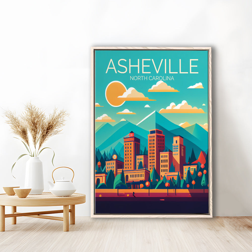 Asheville North Carolina Retro Art Print, Asheville City Wall Art, Floating Framed Canvas Print, Framed Picture, Painting Canvas