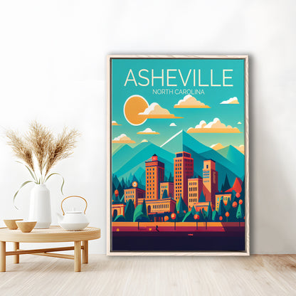 Asheville North Carolina Retro Art Print, Asheville City Wall Art, Floating Framed Canvas Print, Framed Picture, Painting Canvas