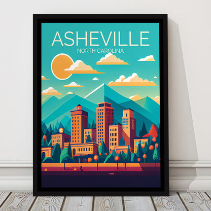 Asheville North Carolina Retro Art Print, Asheville City Wall Art, Floating Framed Canvas Print, Framed Picture, Painting Canvas
