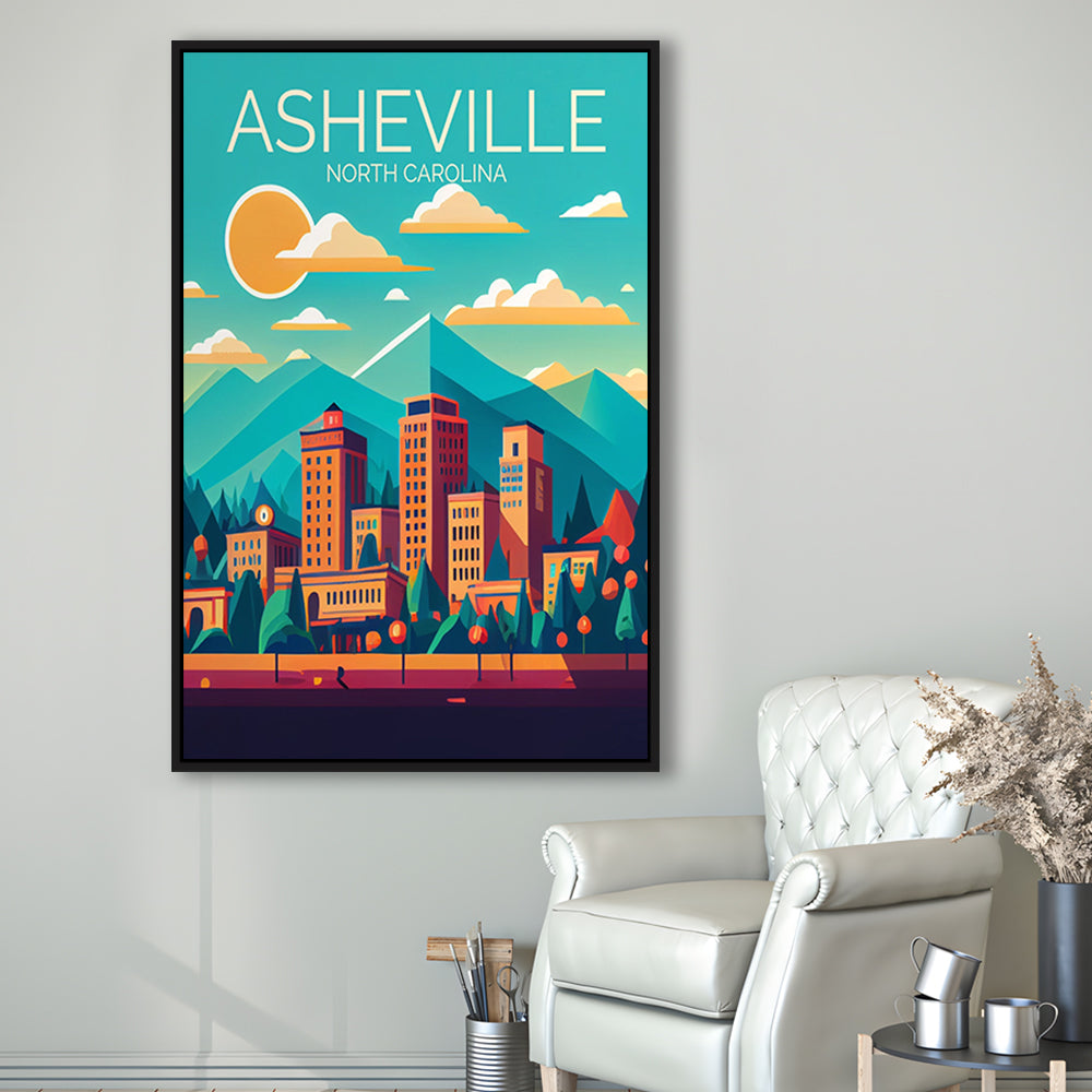 Asheville North Carolina Retro Art Print, Asheville City Wall Art, Floating Framed Canvas Print, Framed Picture, Painting Canvas