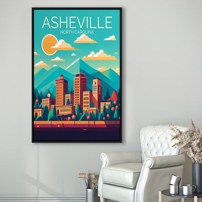 Asheville North Carolina Retro Art Print, Asheville City Wall Art, Floating Framed Canvas Print, Framed Picture, Painting Canvas