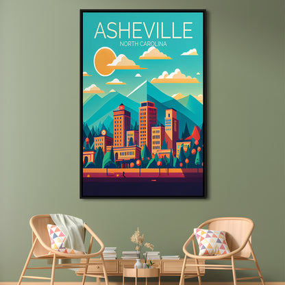 Asheville North Carolina Retro Art Print, Asheville City Wall Art, Floating Framed Canvas Print, Framed Picture, Painting Canvas