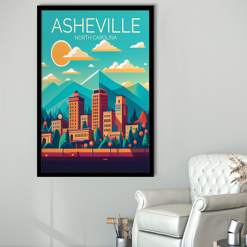 Asheville North Carolina Retro Art Print, Asheville City Wall Art, Framed Art Print, Picture Framed, Painting Art