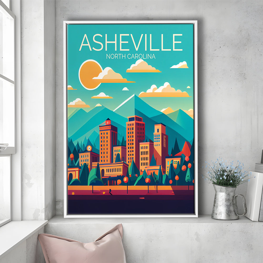 Asheville North Carolina Retro Art Print, Asheville City Wall Art, Floating Framed Canvas Print, Framed Picture, Painting Canvas