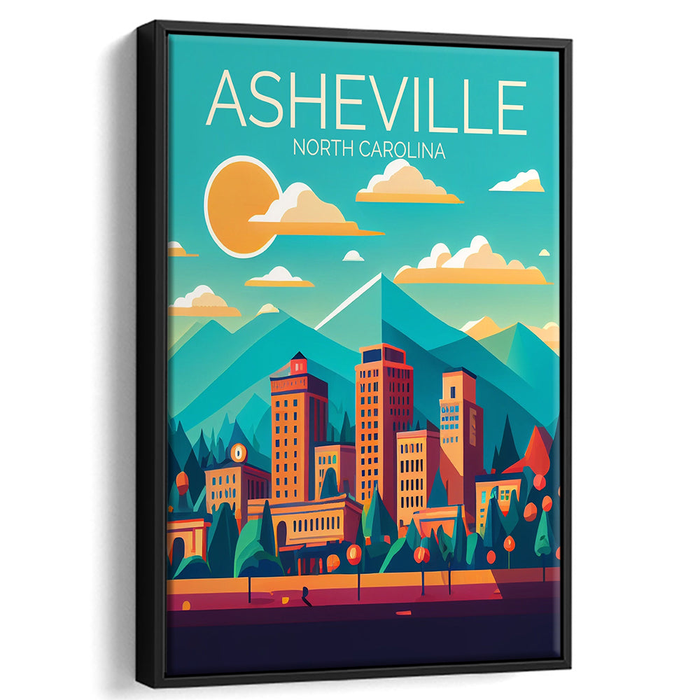 Asheville North Carolina Retro Art Print, Asheville City Wall Art, Floating Framed Canvas Print, Framed Picture, Painting Canvas