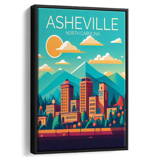 Asheville North Carolina Retro Art Print, Asheville City Wall Art, Floating Framed Canvas Print, Framed Picture, Painting Canvas