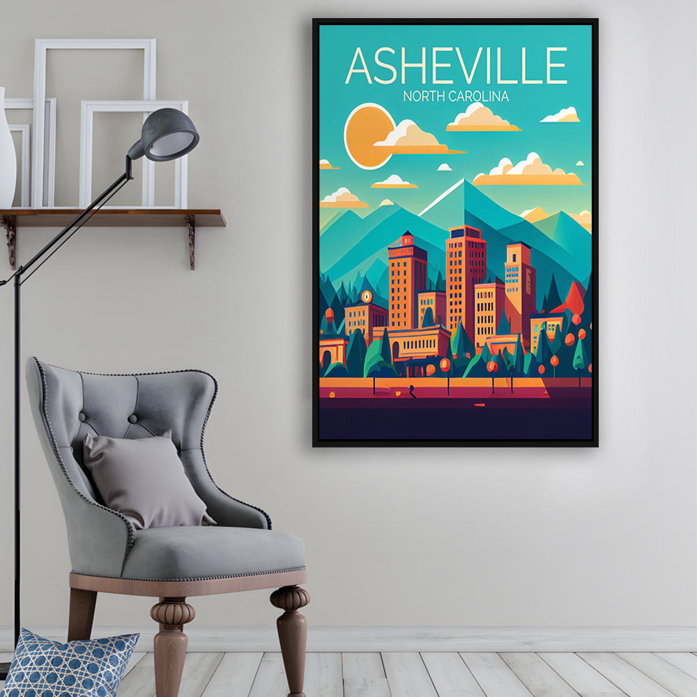Asheville North Carolina Retro Art Print, Asheville City Wall Art, Floating Framed Canvas Print, Framed Picture, Painting Canvas