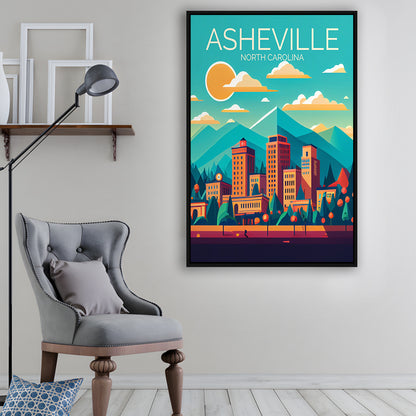 Asheville North Carolina Retro Art Print, Asheville City Wall Art, Floating Framed Canvas Print, Framed Picture, Painting Canvas