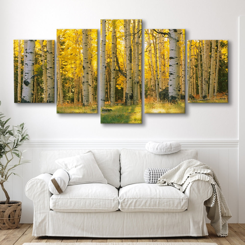 Aspen trees in a forest Coconino National forest, 5 Piece Large Cavas Print Wall Art