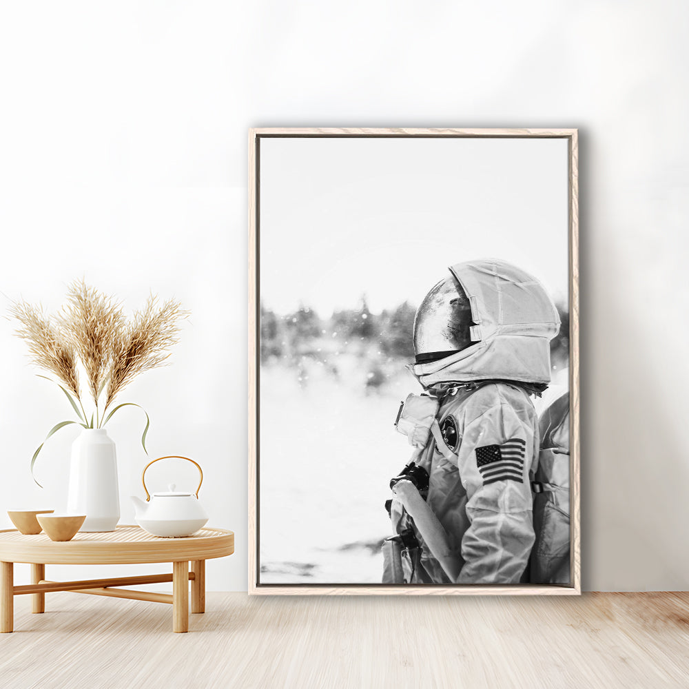 Astronaut Print Black and White Modern Space, Framed Canvas Print Wall Art, Floating Frame
