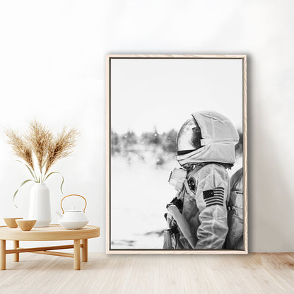 Astronaut Print Black and White Modern Space, Framed Canvas Print Wall Art, Floating Frame