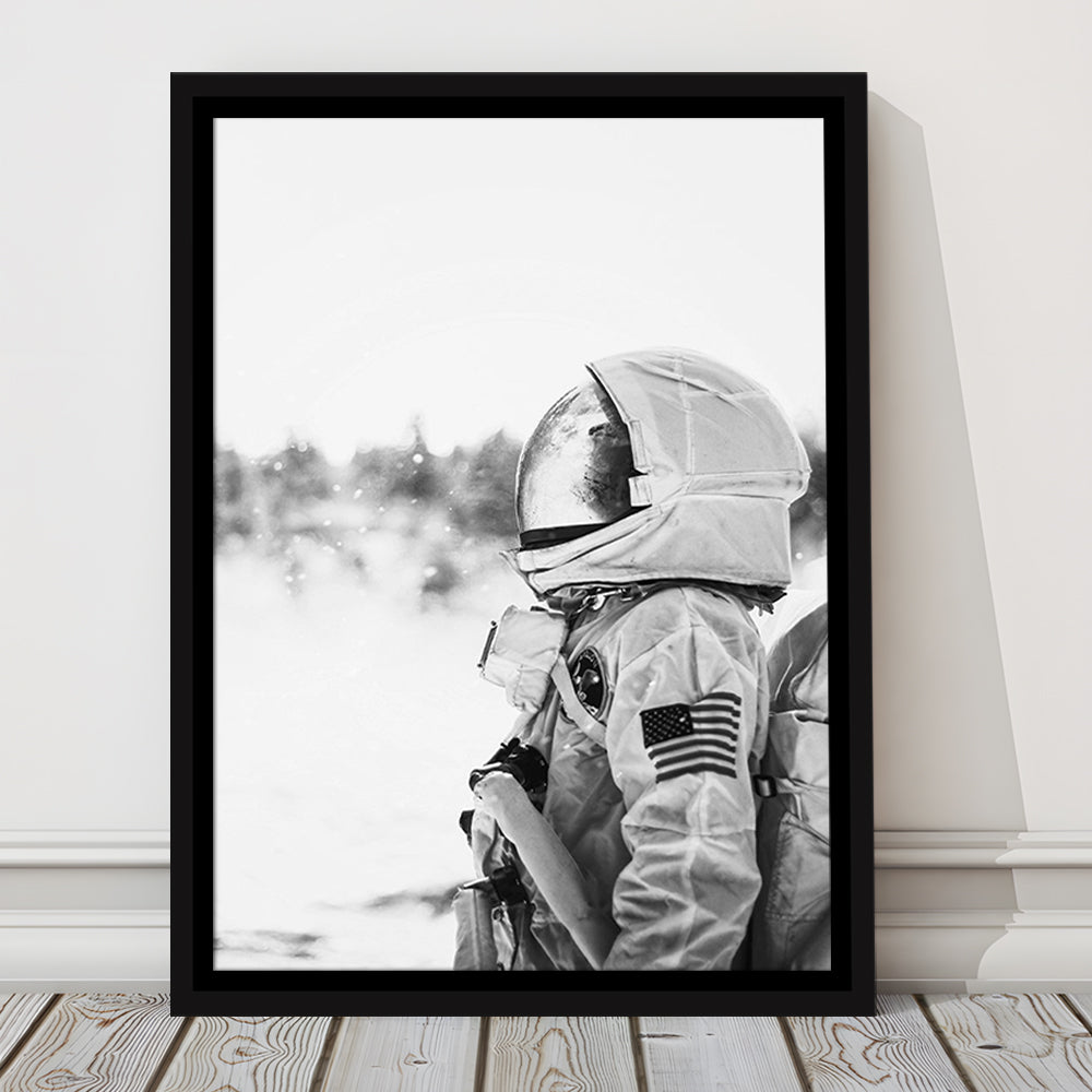 Astronaut Print Black and White Modern Space, Framed Canvas Print Wall Art, Floating Frame