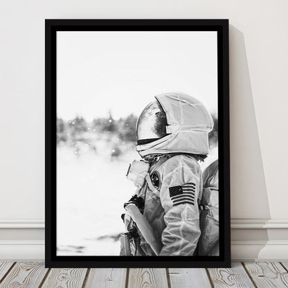 Astronaut Print Black and White Modern Space, Framed Canvas Print Wall Art, Floating Frame
