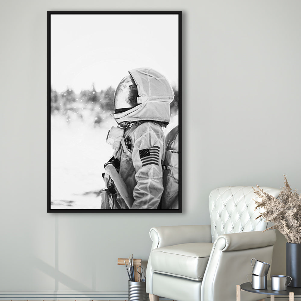 Astronaut Print Black and White Modern Space, Framed Canvas Print Wall Art, Floating Frame