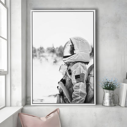Astronaut Print Black and White Modern Space, Framed Canvas Print Wall Art, Floating Frame