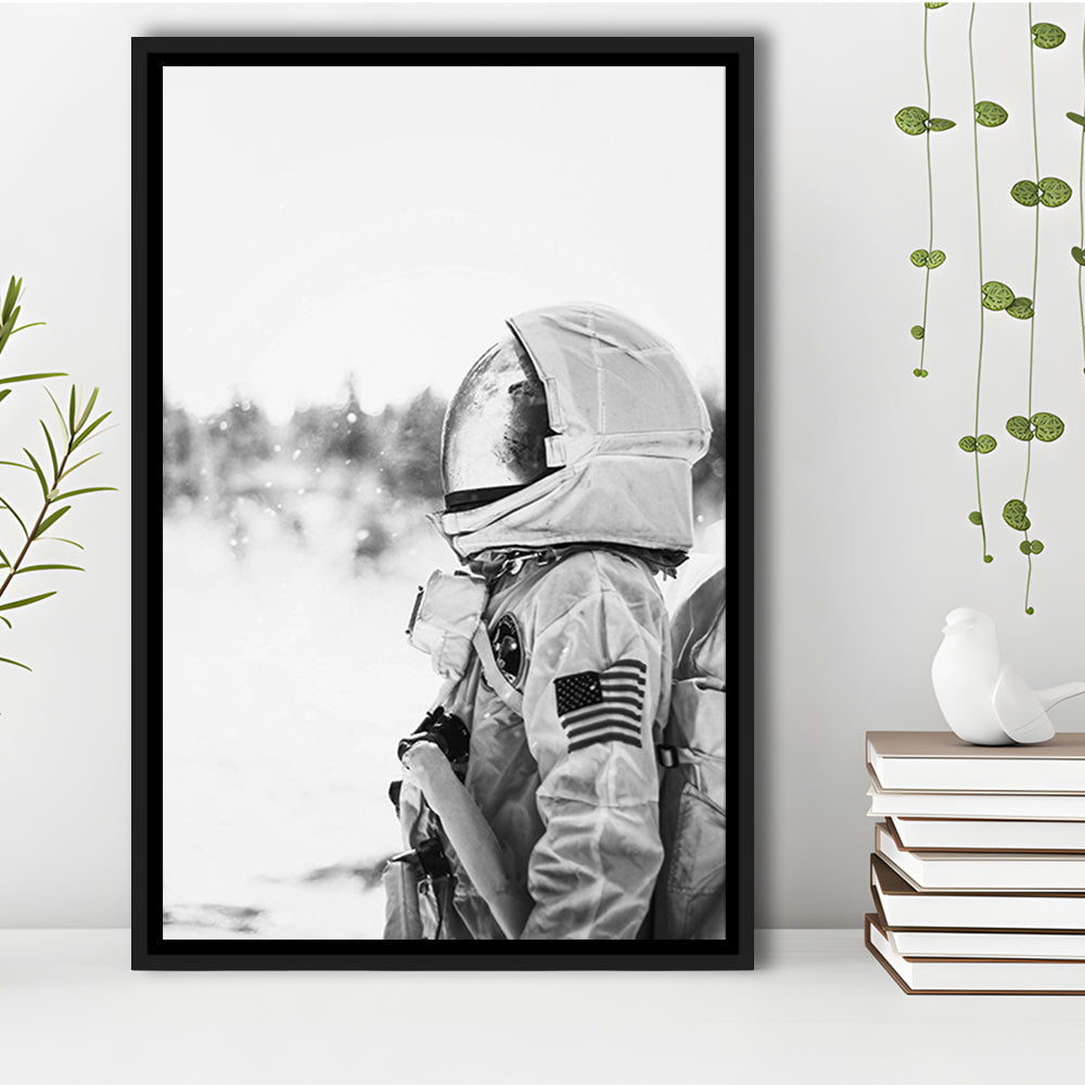 Astronaut Print Black and White Modern Space, Framed Canvas Print Wall Art, Floating Frame