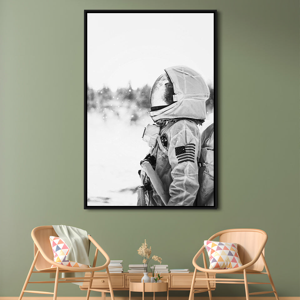 Astronaut Print Black and White Modern Space, Framed Canvas Print Wall Art, Floating Frame