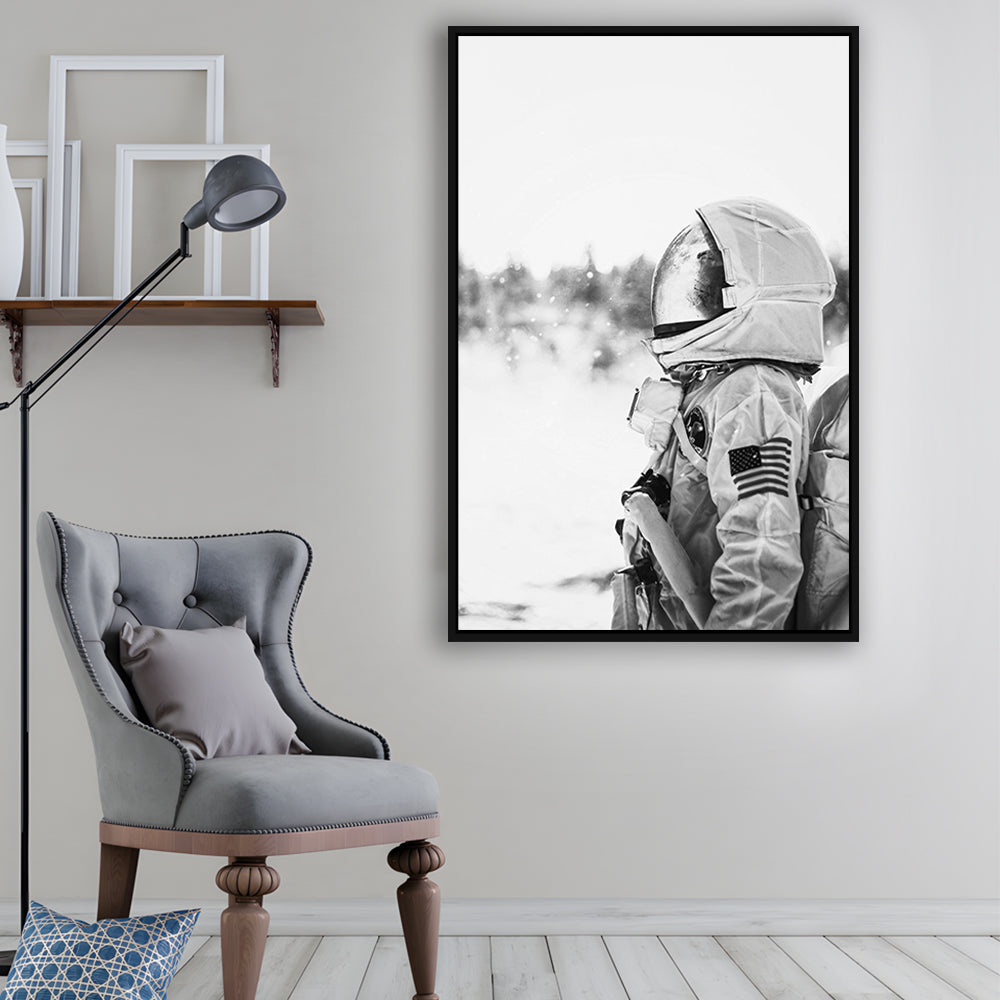 Astronaut Print Black and White Modern Space, Framed Canvas Print Wall Art, Floating Frame