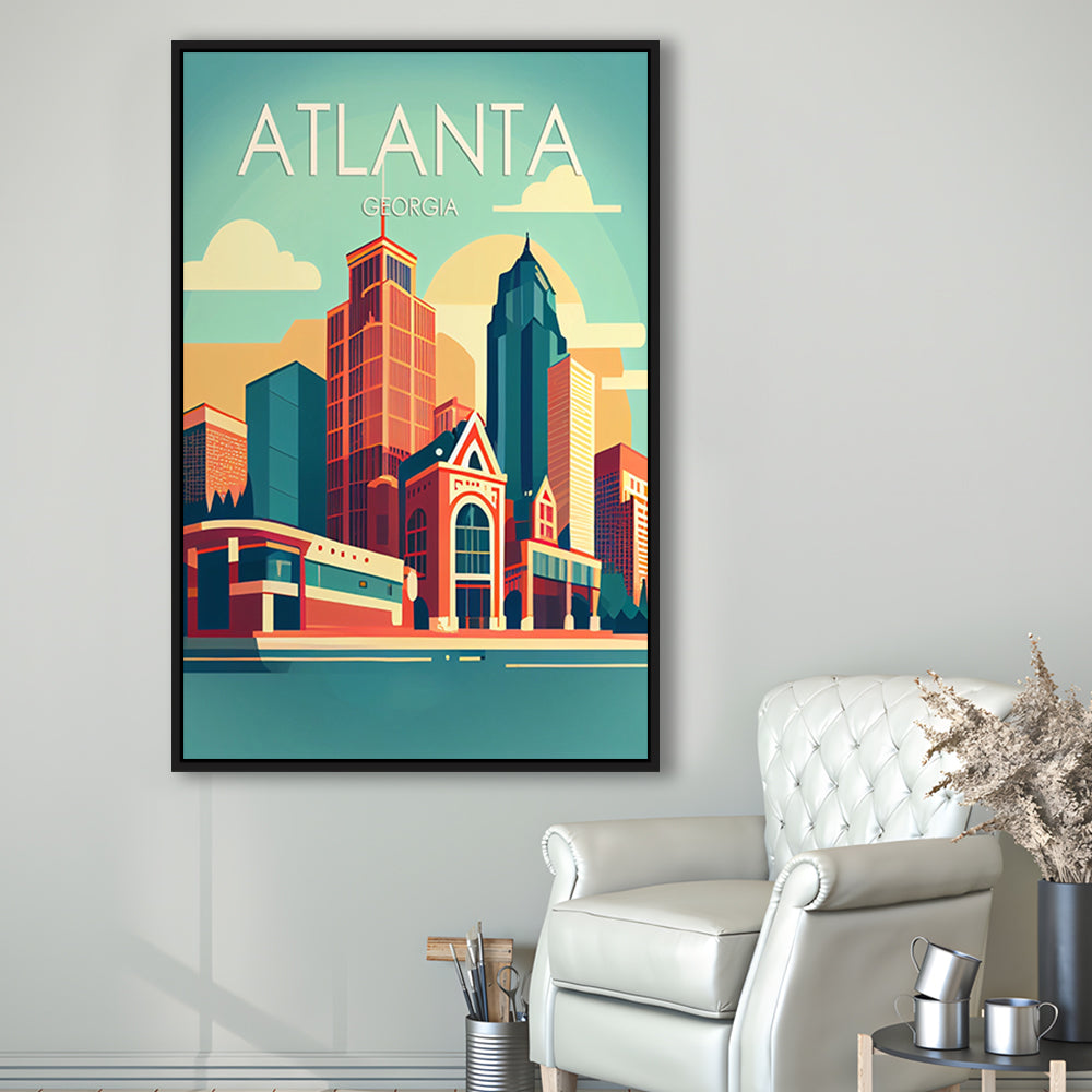 Atlanta Georgia Retro Art Print, Atlanta City Wall Art, Floating Framed Canvas Print, Framed Picture, Painting Canvas