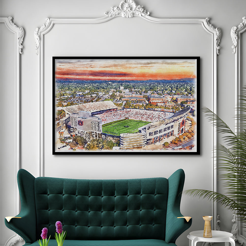 Auburn Tigers, Jordan Hare Painting Stadium Watercolor, Sport Gift Art, Framed Art Print Wall Decor