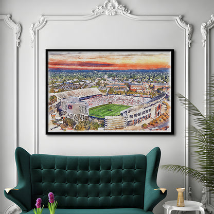 Auburn Tigers, Jordan Hare Painting Stadium Watercolor, Sport Gift Art, Framed Art Print Wall Decor