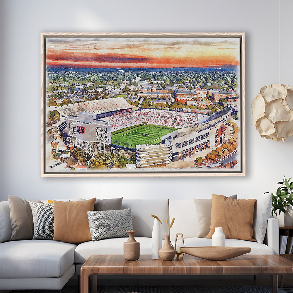Auburn Tigers, Jordan Hare Painting Stadium Watercolor, Sport Gift Art, Framed Canvas Print Wall Art