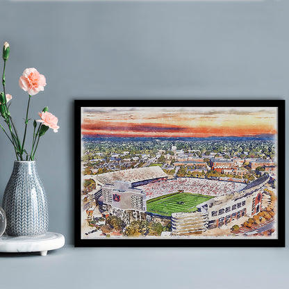 Auburn Tigers, Jordan Hare Painting Stadium Watercolor, Sport Gift Art, Framed Art Print Wall Decor