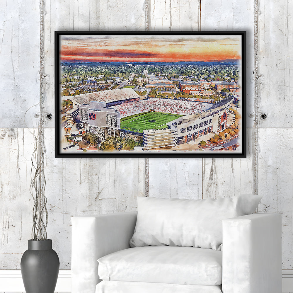 Auburn Tigers, Jordan Hare Painting Stadium Watercolor, Sport Gift Art, Framed Canvas Print Wall Art