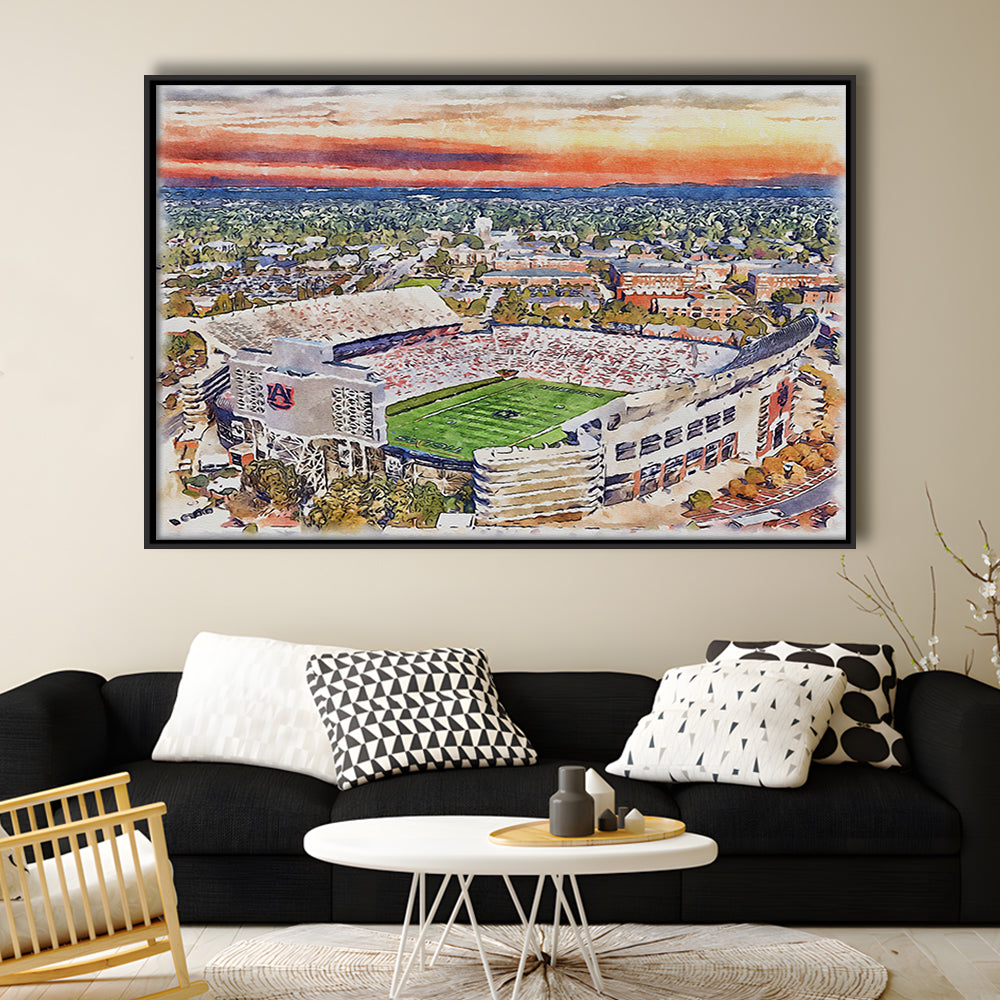 Auburn Tigers, Jordan Hare Painting Stadium Watercolor, Sport Gift Art, Framed Canvas Print Wall Art