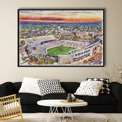 Auburn Tigers, Jordan Hare Painting Stadium Watercolor, Sport Gift Art, Framed Canvas Print Wall Art