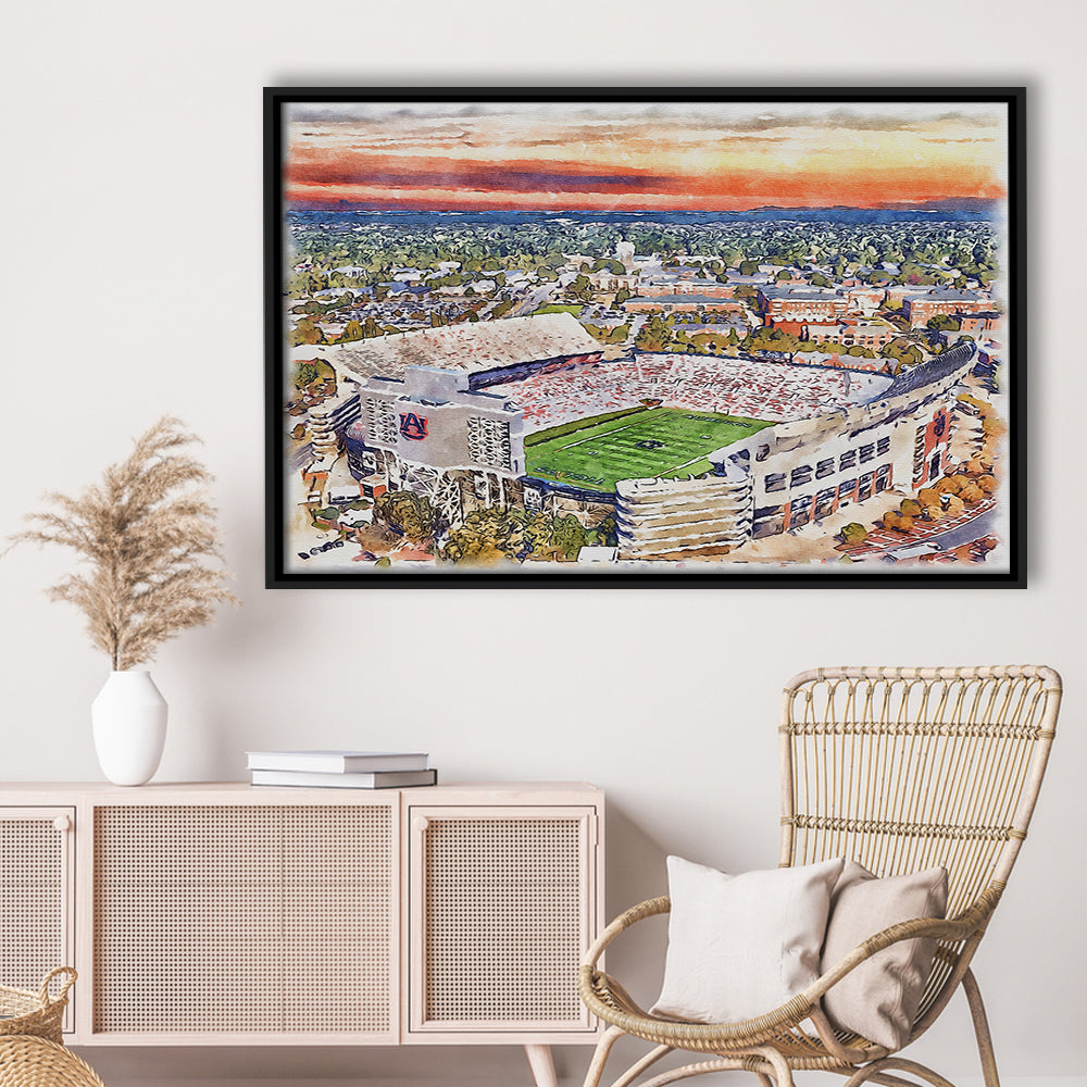 Auburn Tigers, Jordan Hare Painting Stadium Watercolor, Sport Gift Art, Framed Canvas Print Wall Art